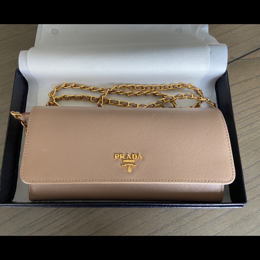 Authentic Prada Tan Leather Chain Wallet Purse Crossbody
